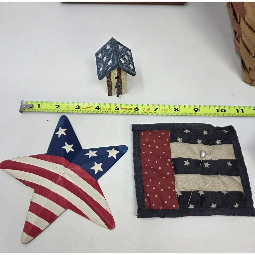 Primitive Americana Patriotic Decor Lot 7pc Basket Sign Birdhouse Star Pails